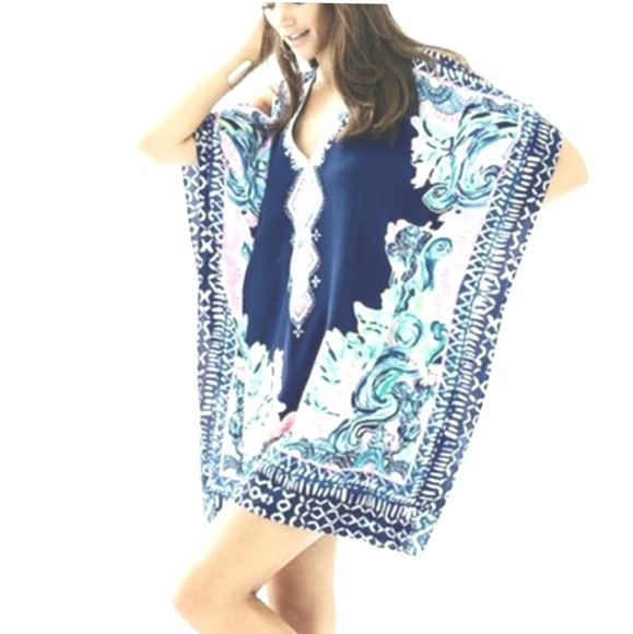 Lilly Pulitzer Other - Lilly Pulitzer Atlin Elegant Navy and Pink Kaftan Swim Cover-Up L/XL 100% Silk